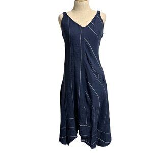Inizio Women's Sz S Casual Fit Navy Linen Blend Striped Dress Sleeveless V-Neck